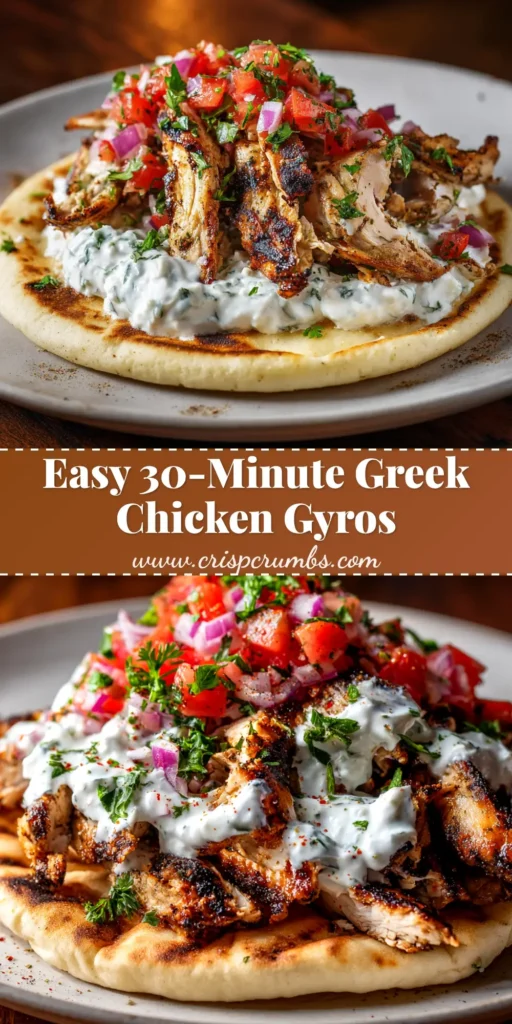 An overhead shot of authentic Greek Chicken Gyros served on a platter with fresh tomatoes, onions, and a side of creamy tzatziki sauce.