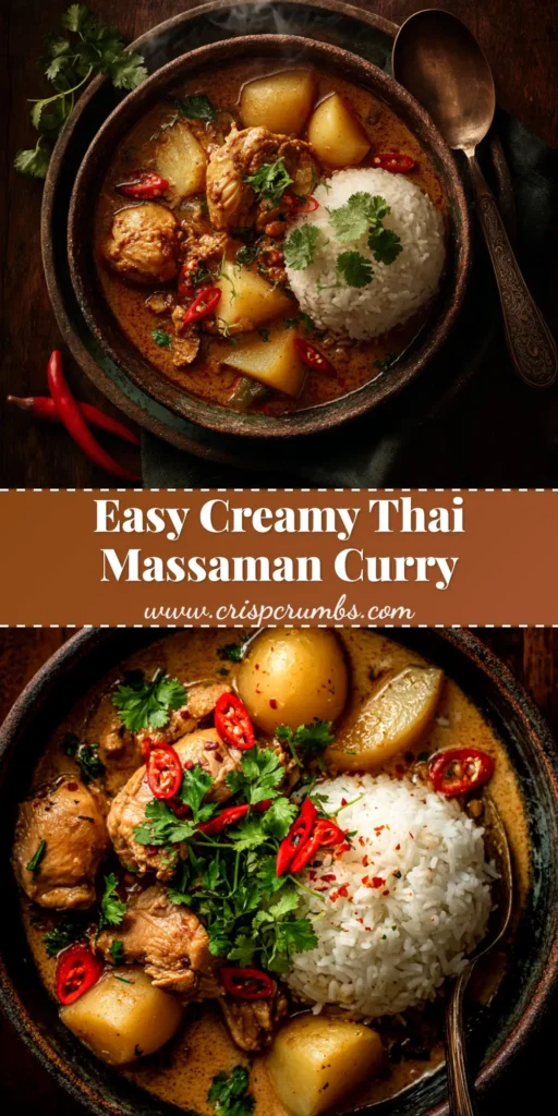 A vibrant bowl of authentic Massaman Curry, showcasing tender chicken and potatoes in a rich, creamy coconut sauce, garnished with peanuts and cilantro. This image represents the finished Massaman Curry Recipe.