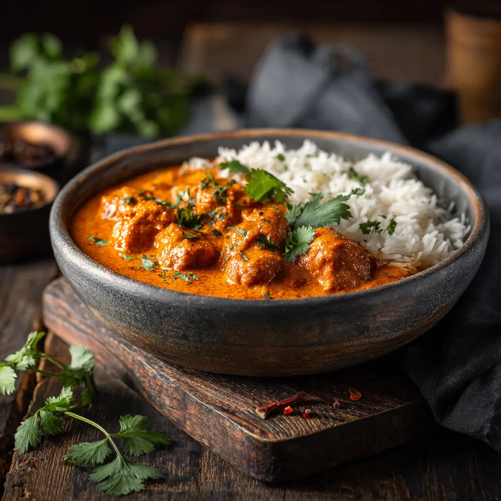 A serving of authentic butter chicken, also known as Murgh Makhani, garnished with fresh cilantro and a swirl of cream.
