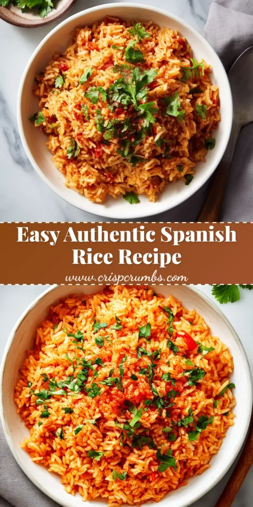 An overhead shot of authentic Spanish rice recipe in a white bowl, garnished with fresh cilantro. The rice is fluffy and reddish-orange.