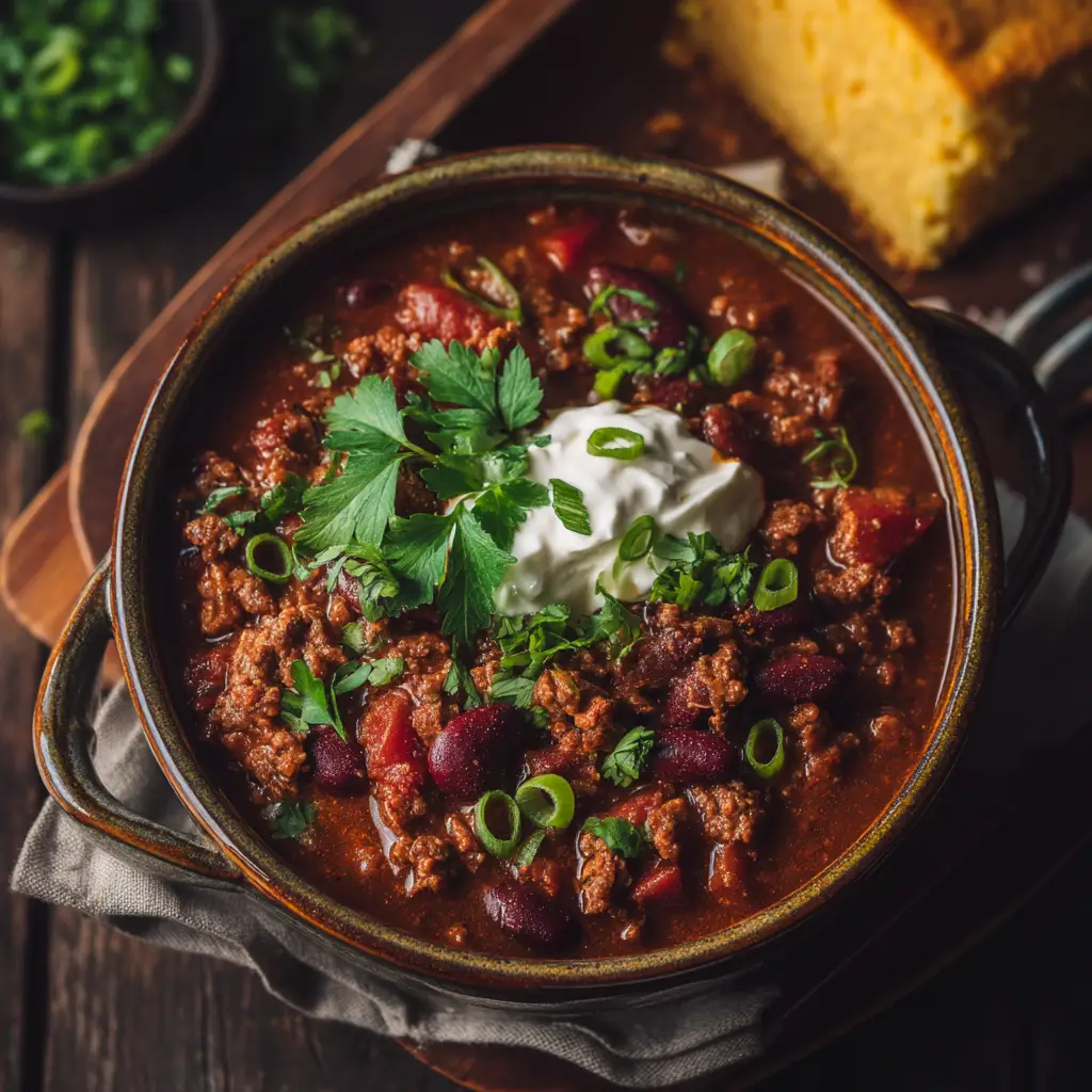 A spoonful of authentic Texas chili con carne being lifted from a bowl, garnished with fresh cilantro.
