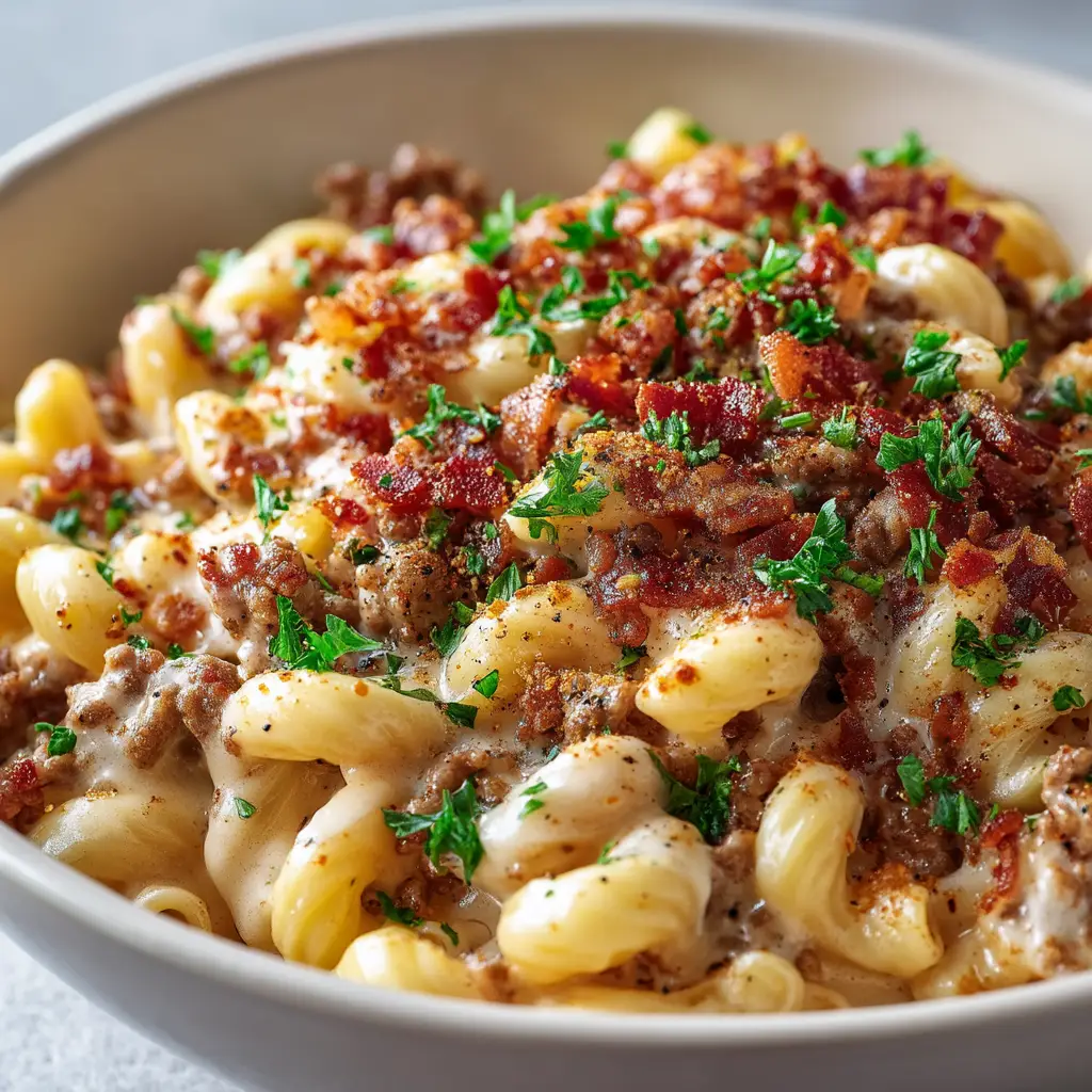 A rustic white bowl of cheeseburger pasta skillet, ready to be served for a family dinner.