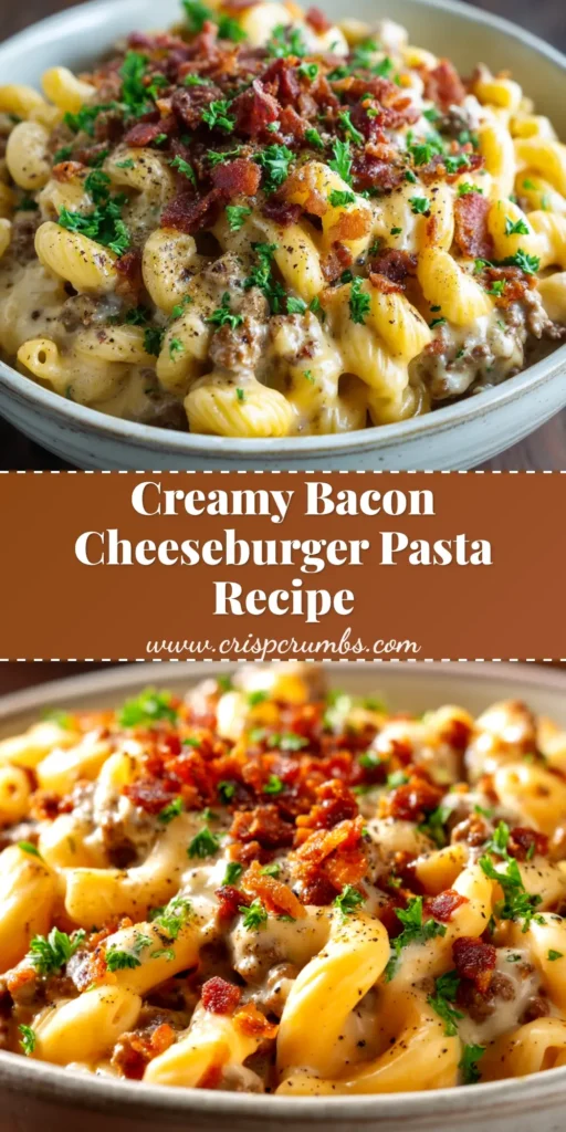 A large white bowl filled with creamy Bacon Cheeseburger Pasta, topped with crispy bacon bits and fresh parsley.