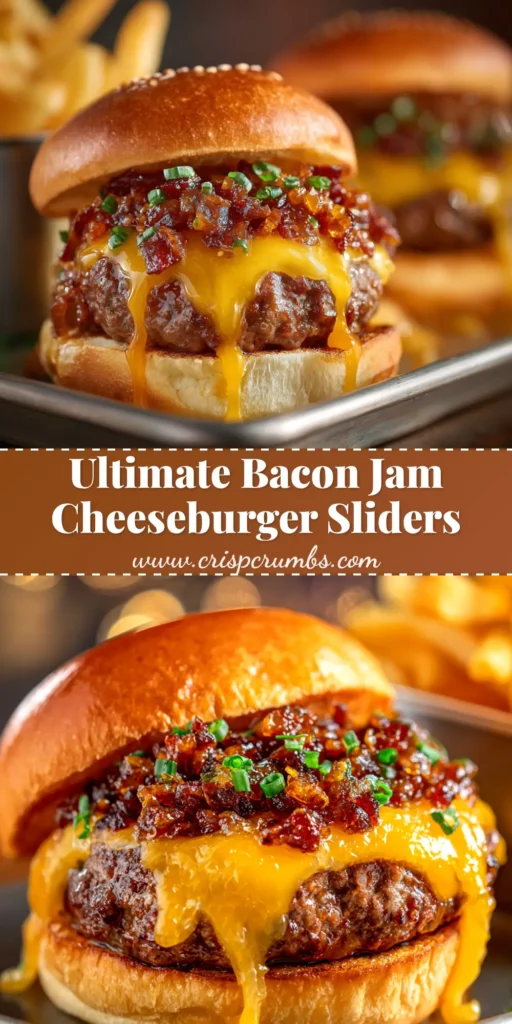 A close-up overhead shot of Bacon Jam Cheeseburger Sliders in a baking dish, topped with melted cheddar cheese and sesame seeds. The perfect party appetizer.