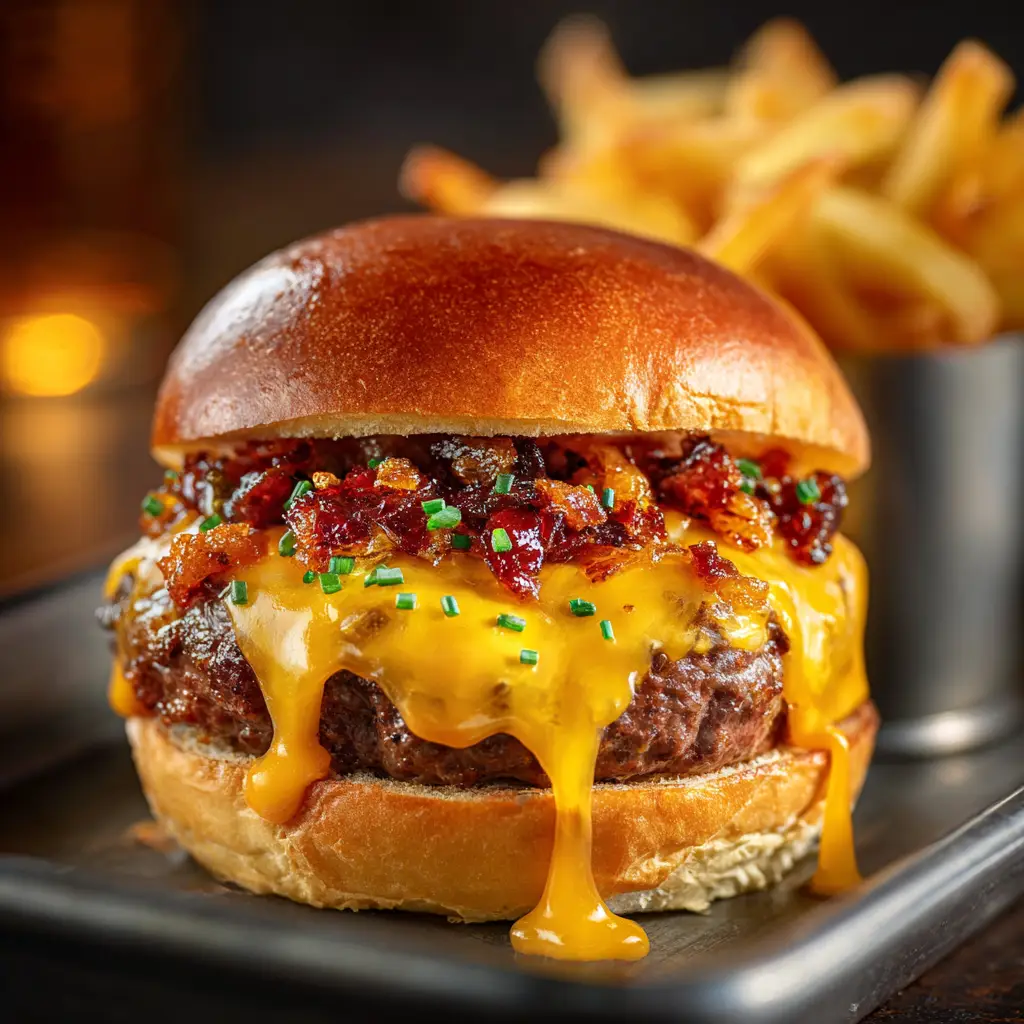 A single bacon jam cheeseburger slider pulled from the tray, showcasing the layers of juicy beef, melted cheese, and rich bacon jam.