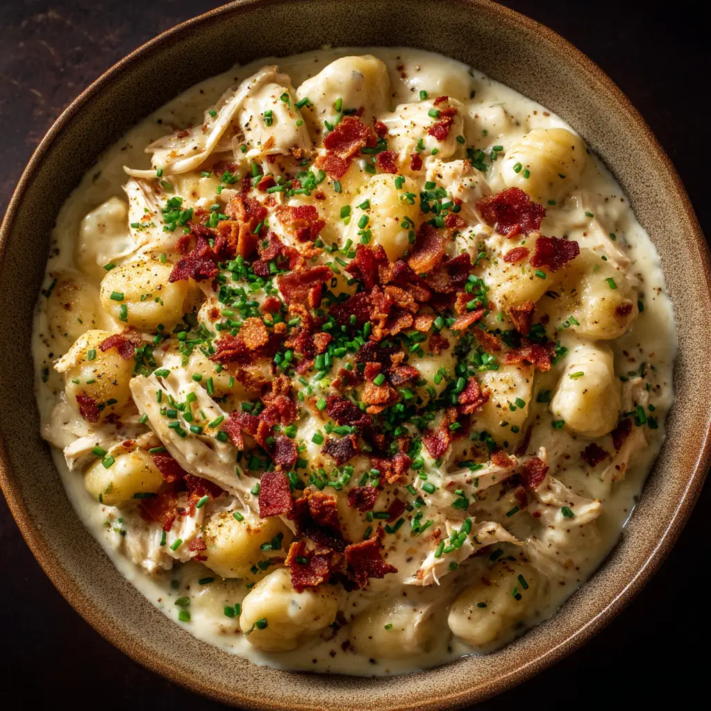 A serving of bacon ranch chicken gnocchi on a plate, ready to be eaten.