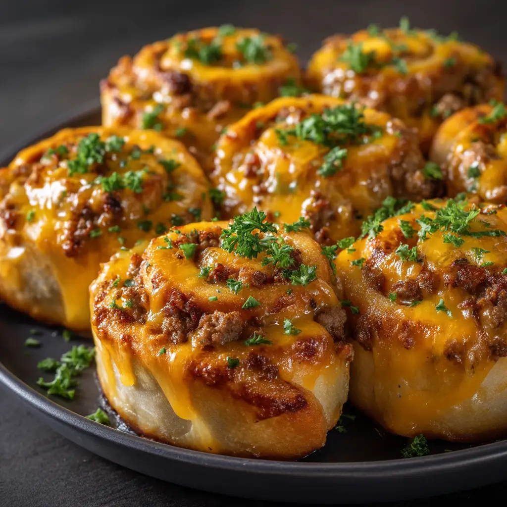 An extreme close-up of several golden-brown Cheeseburger Rollups on a serving plate, showing the flaky crust and melted cheese.