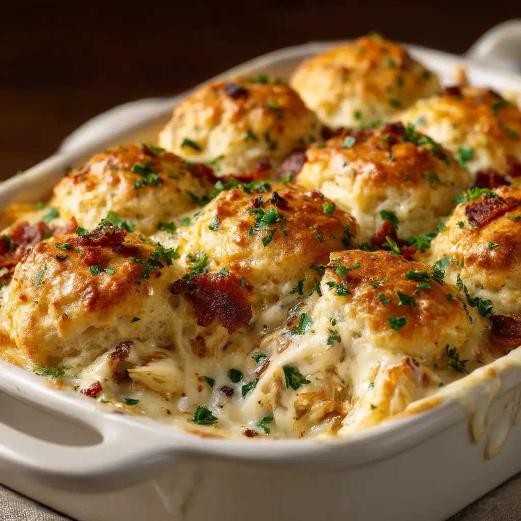 The full 9x13 baking dish of chicken biscuit casserole just out of the oven, with a bubbly filling and perfectly baked biscuits.