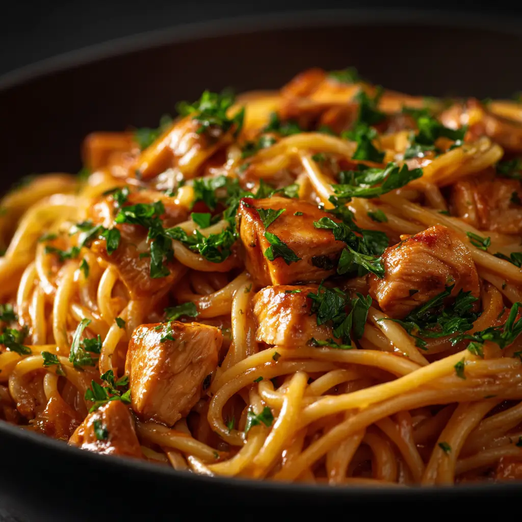 A forkful of Monterey Chicken Spaghetti being lifted from a baking dish, with strings of melted cheese stretching from the pasta.