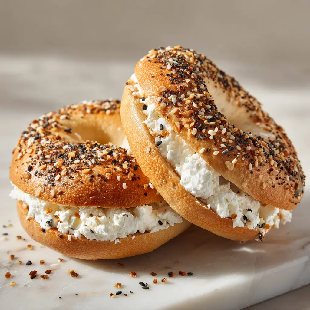 A batch of four golden-brown, no-yeast cottage cheese bagels resting on a baking sheet right out of the oven.