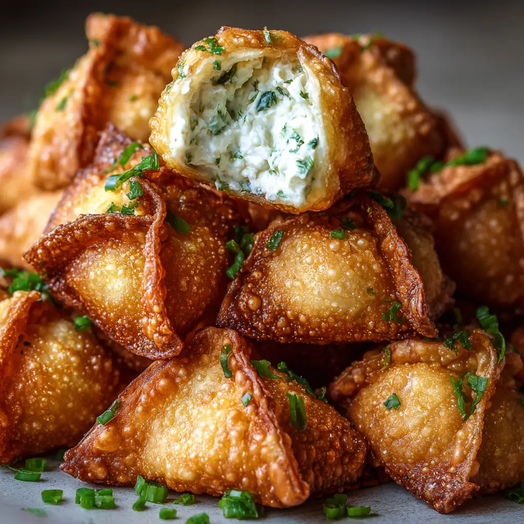 An extreme close-up of a baked crab rangoon bomb showing the crispy wonton shell and the creamy crab filling.