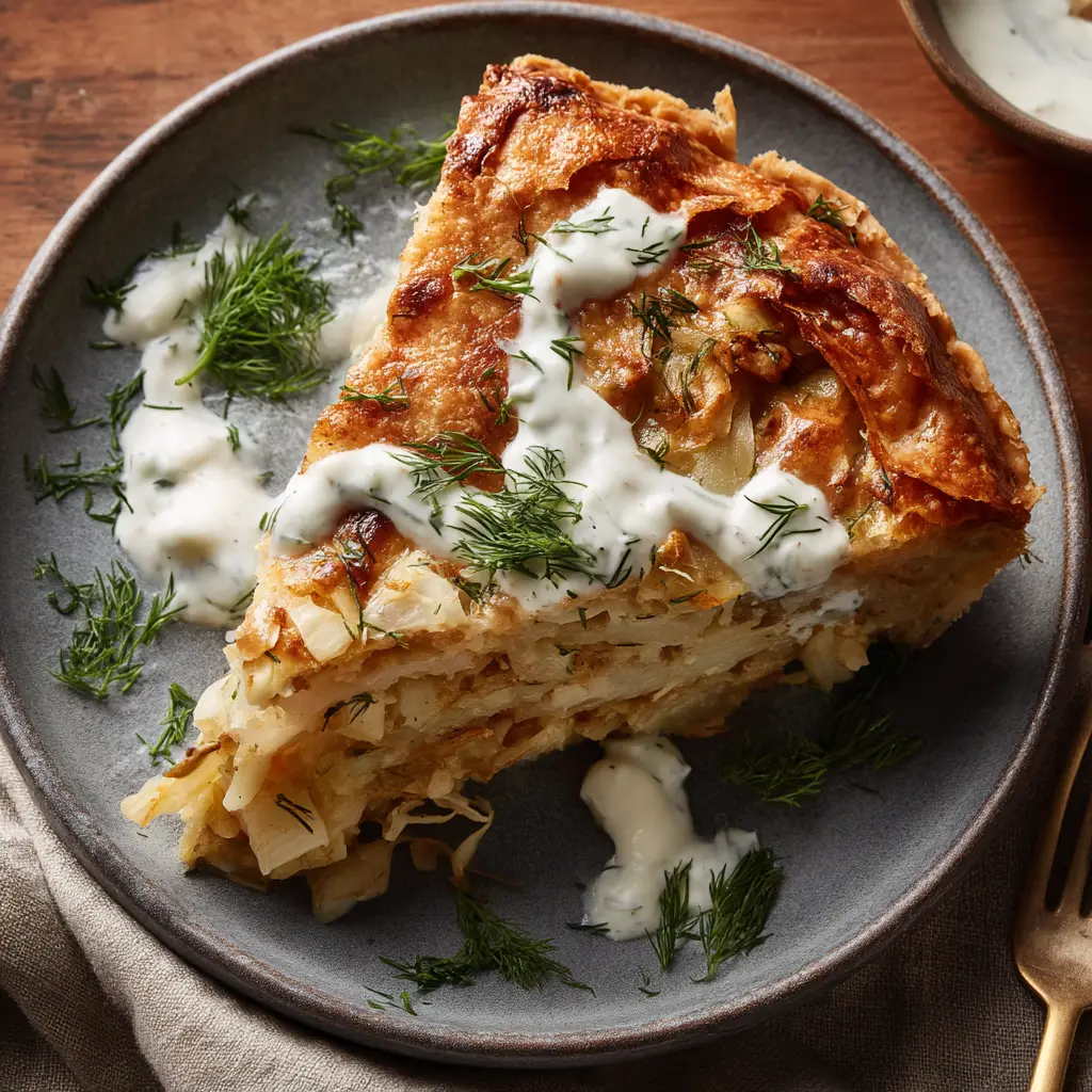 The full crispy cabbage pie, fresh out of the oven in its baking dish, with a slice removed to show the interior.