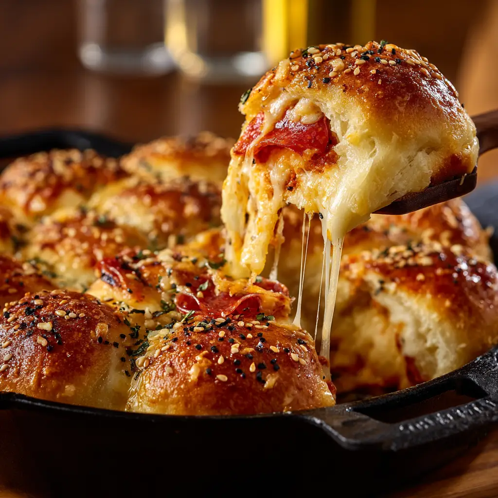 A platter of golden-brown baked pizza sliders topped with a garlic butter herb glaze, ready to be served as a party appetizer.
