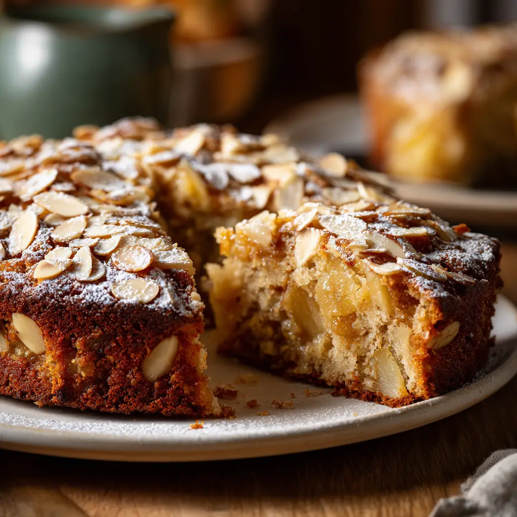 The finished Healthy Oatmeal Apple Cake cooling in an 8x8 baking pan, with its golden-brown top lightly dusted with cinnamon.