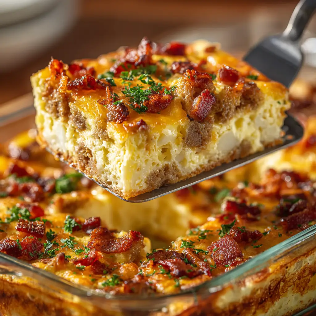 The breakfast casserole baking in a white dish, with a golden-brown cheesy top. Illustrating the final step of the overnight breakfast casserole.