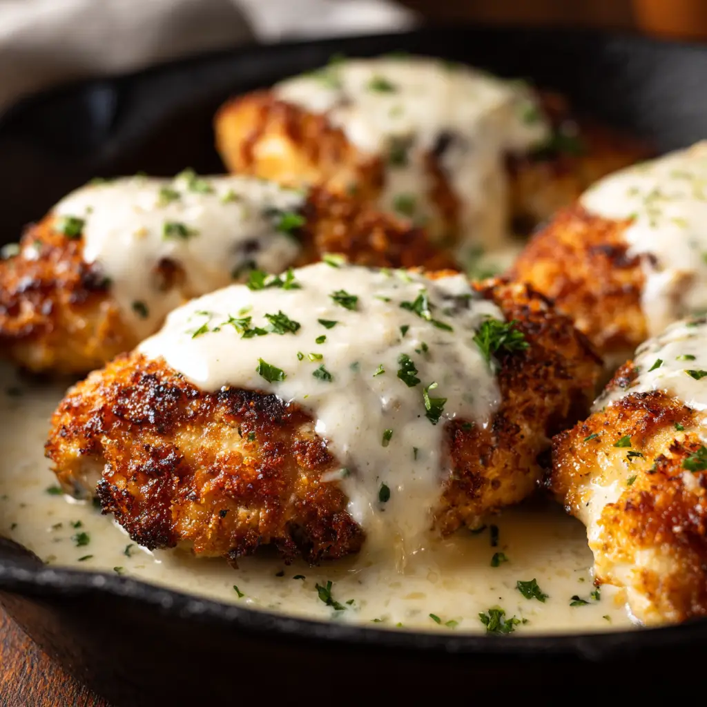 Baked parmesan crusted chicken breasts in a skillet, topped with bubbly, melted provolone and mozzarella cheese.