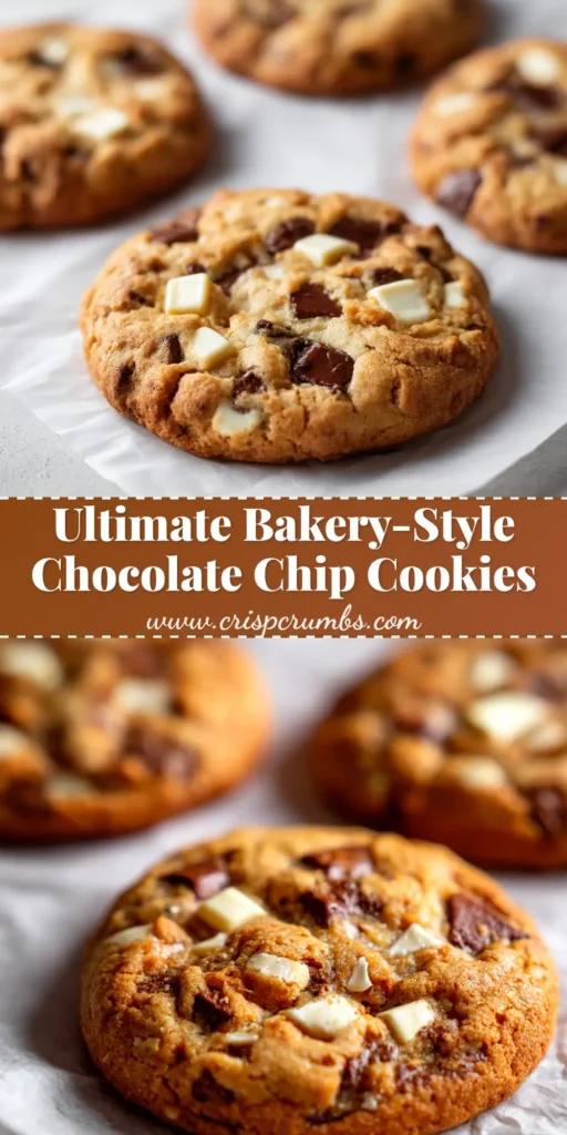 A stack of thick and chewy bakery-style chocolate chip cookies with a glass of milk in the background. The perfect homemade cookie recipe.