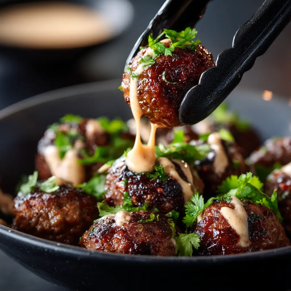 A skillet full of baked Korean meatballs being tossed in a sweet and spicy BBQ sauce.