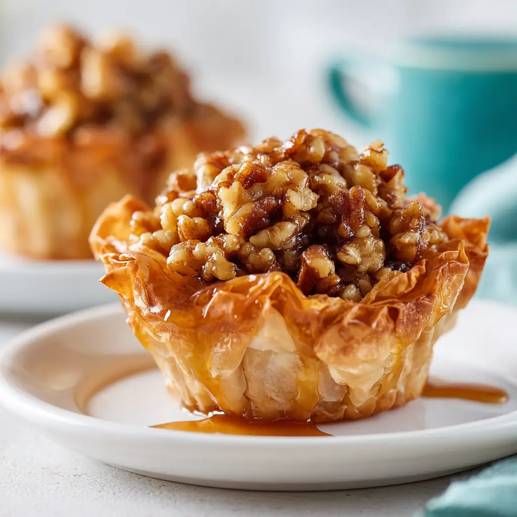 A visually appealing shot of several pecan caramel baklava cups in a mini muffin tin, freshly baked and glistening with honey caramel syrup.