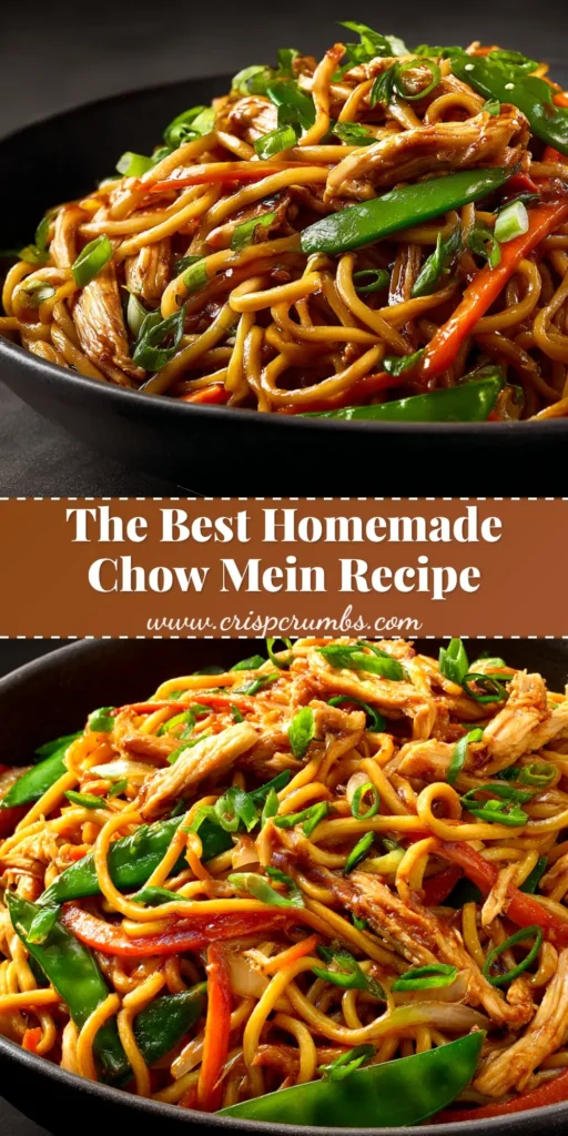 A close-up shot of a delicious homemade Chow Mein Recipe in a white bowl with chopsticks, ready to be eaten. The noodles are mixed with chicken and fresh vegetables.