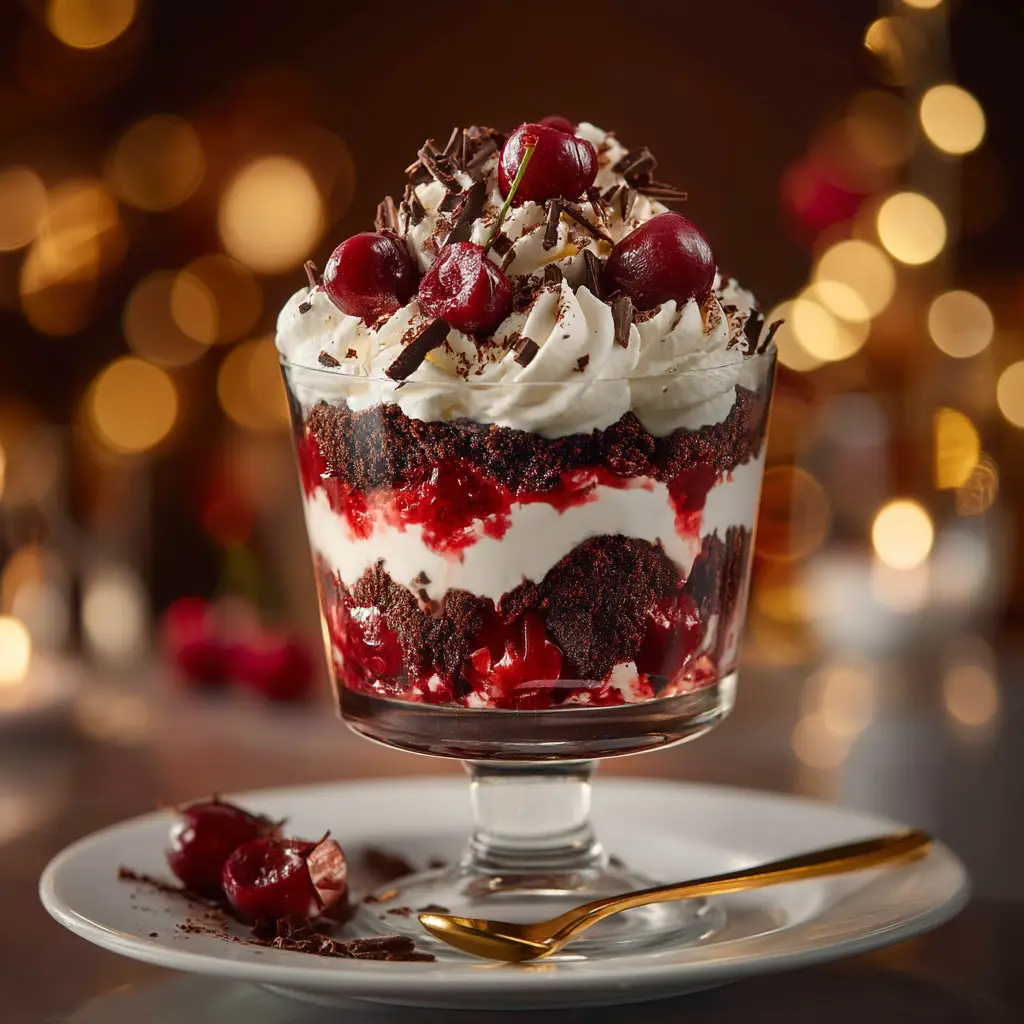 A beautiful close-up of the Black Forest Trifle layers, showing the texture of the chocolate cake, cherry pie filling, and fluffy whipped cream.