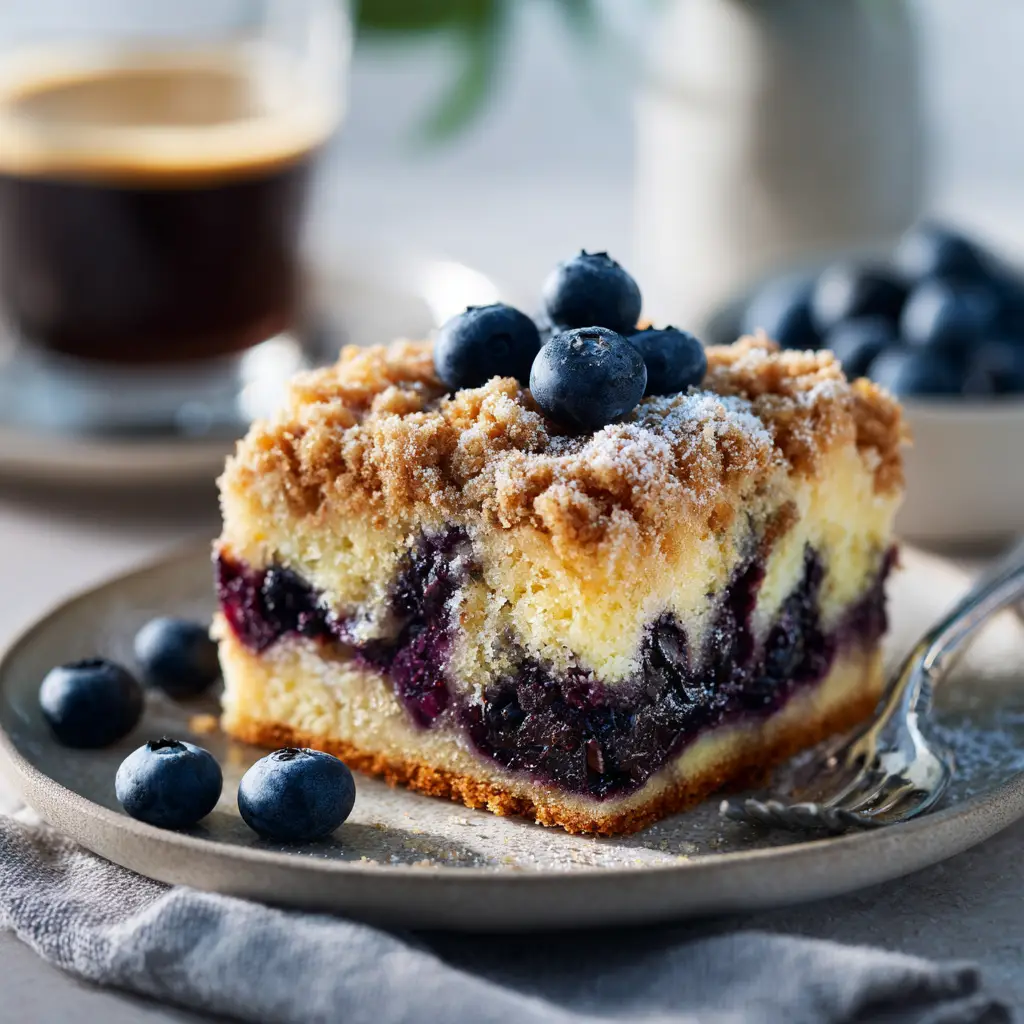 A delicious slice of blueberry crumb cake with a fork taking a piece, showcasing the crumbly streusel topping.