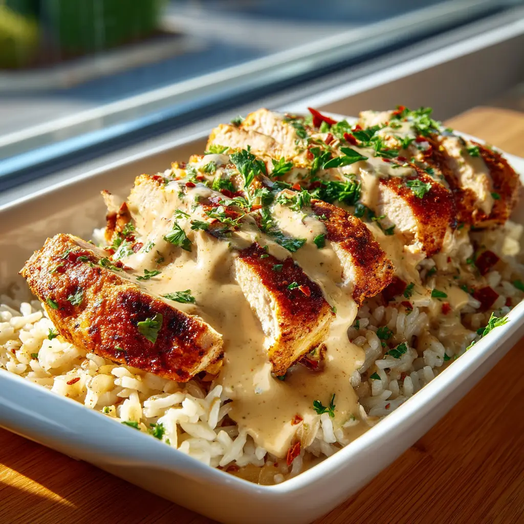 The finished one-pan cajun chicken rice served in a white bowl, ready to eat and garnished with parsley.