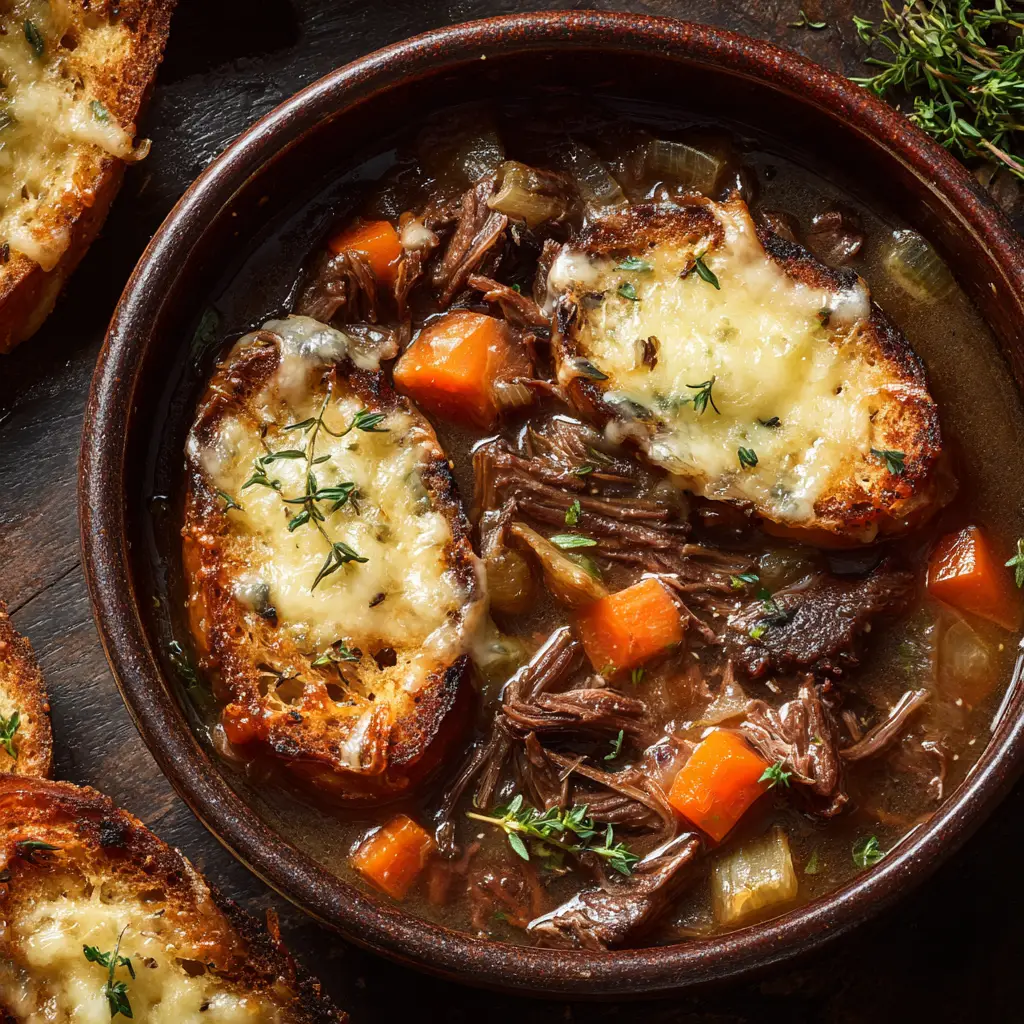 A single serving of French Onion Beef Short Rib Soup in a rustic bowl, topped with a perfectly golden-brown and melted cheesy crouton.