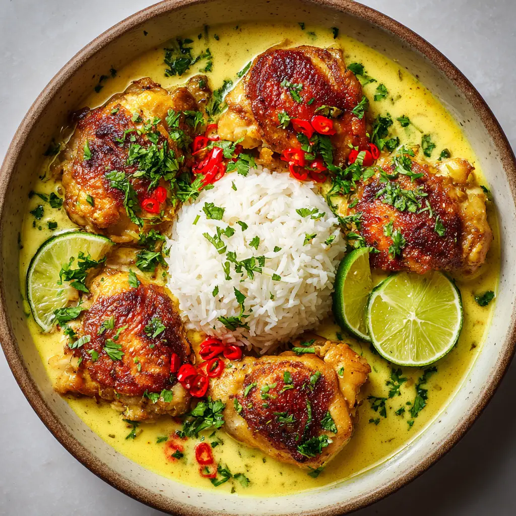 A plated serving of Brazilian Coconut Chicken next to a lime wedge and a sprinkle of cilantro, ready to be eaten. The focus is on the final presentation of the dish.