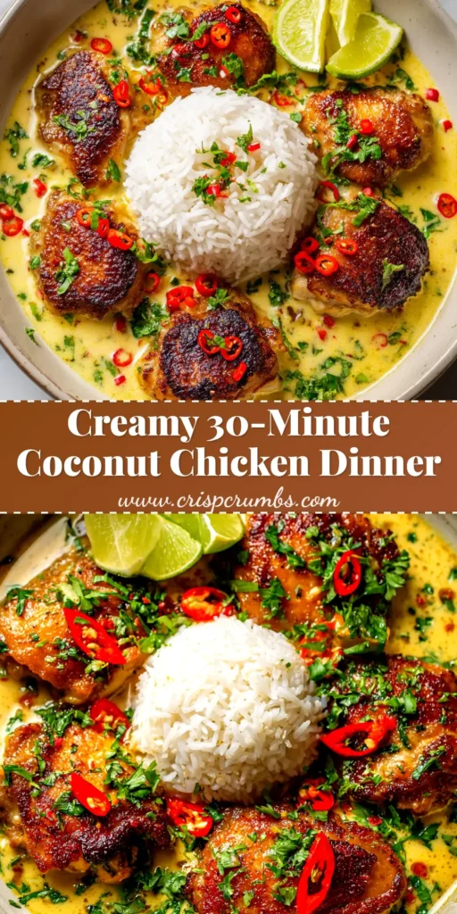 A top-down view of the finished Brazilian Coconut Chicken in a white bowl, served over rice and garnished with fresh cilantro. The creamy coconut sauce is visible, coating tender pieces of chicken.