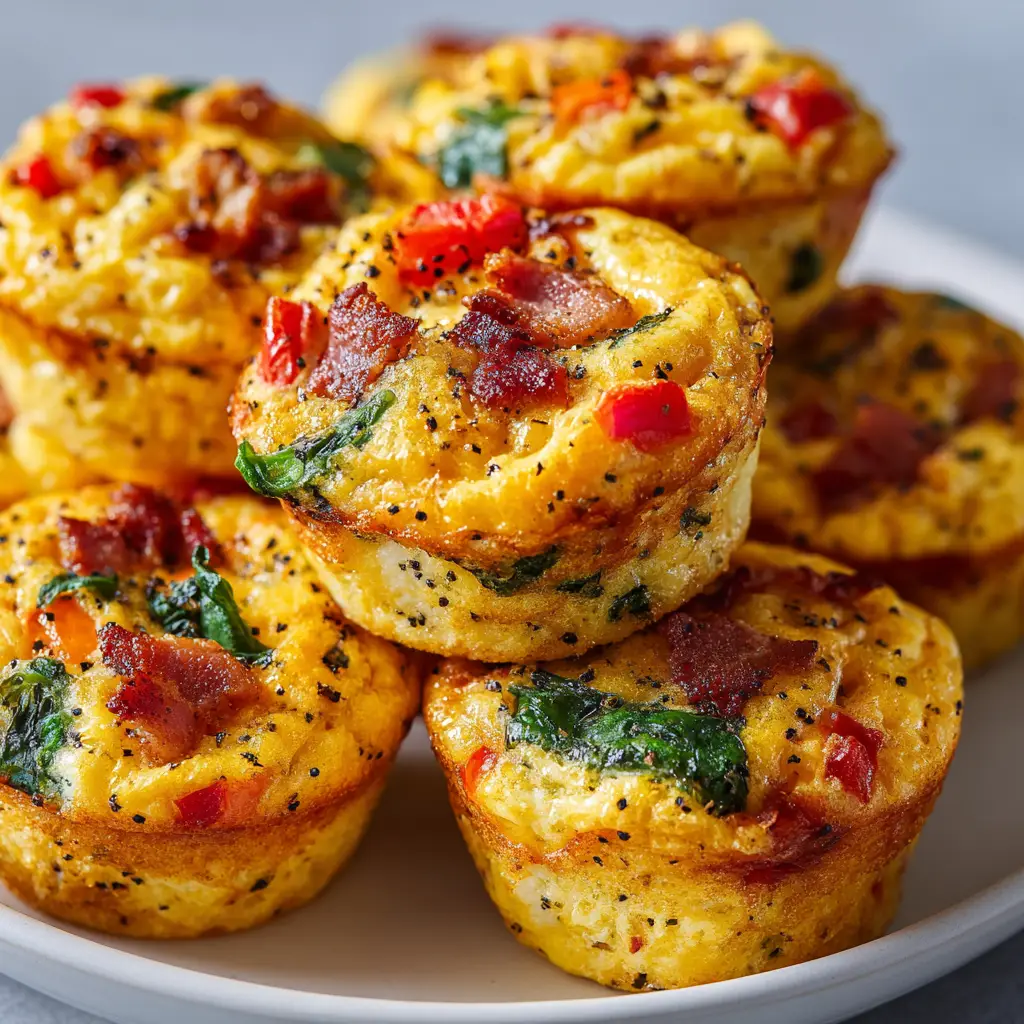 A close-up shot of fluffy breakfast egg cups, showcasing the melted cheddar cheese and bits of savory bacon and spinach.