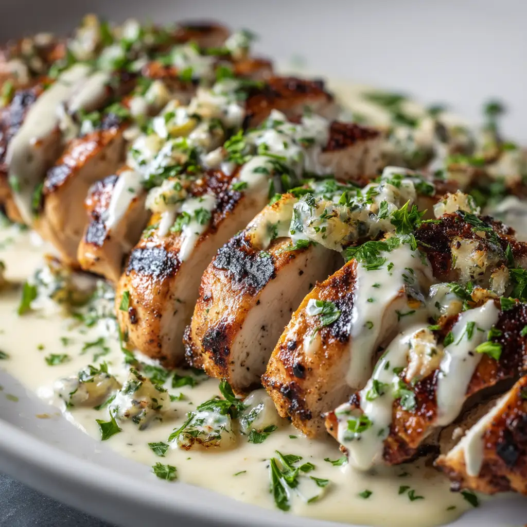 A beautiful serving of Caesar chicken on a plate, garnished with fresh herbs and a side of roasted potatoes.
