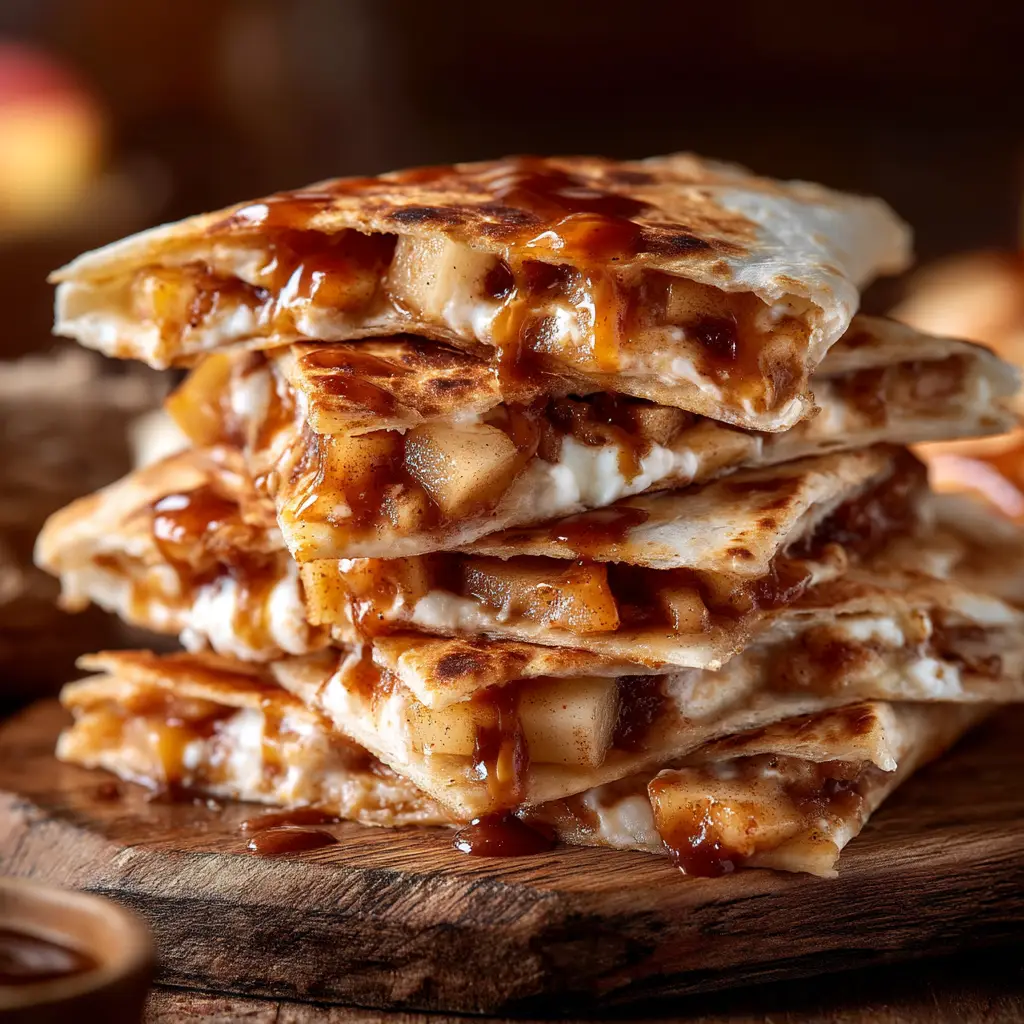 A close-up view of a sliced breakfast quesadilla showing the gooey caramelized apple and cinnamon filling inside.