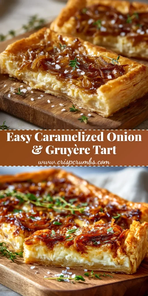 A close-up overhead shot of a freshly baked Caramelized Onion and Gruyère Tart, ready to be pinned. The tart has a golden-brown crust and a bubbly cheese topping.
