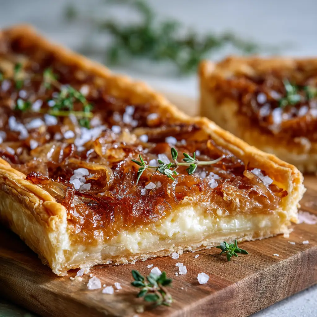 A single slice of the Caramelized Onion and Gruyère Tart on a plate, revealing the rich layers of sweet onions and creamy custard.