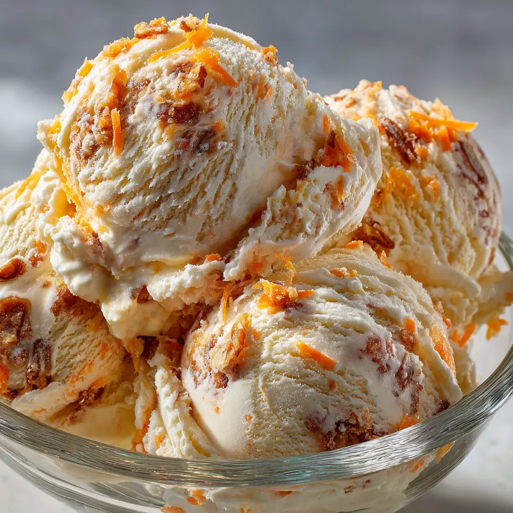 A bowl filled with spiced carrot cake ice cream, featuring a prominent and delicious cream cheese swirl running through it.