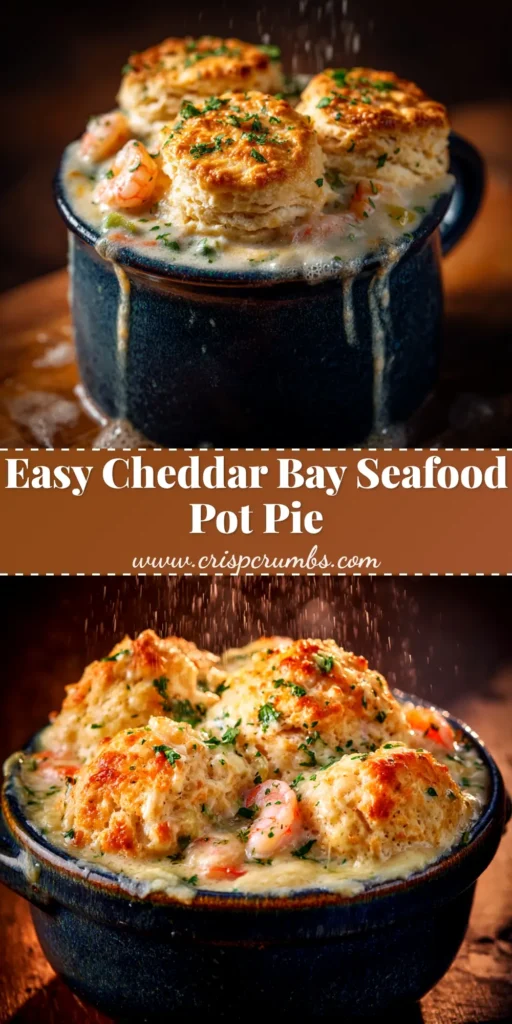 A golden-brown Cheddar Bay Biscuit Seafood Pot Pie in a baking dish, with the creamy seafood filling bubbling underneath the cheesy biscuit topping.