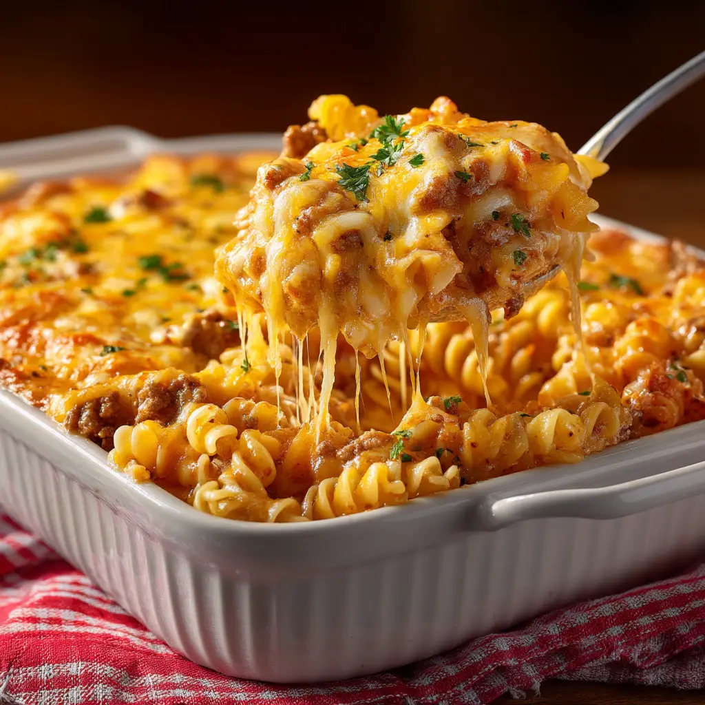 A spoonful of the creamy ground beef and pasta mixture being prepared in a skillet before being baked into a delicious Cheeseburger Pasta Casserole.