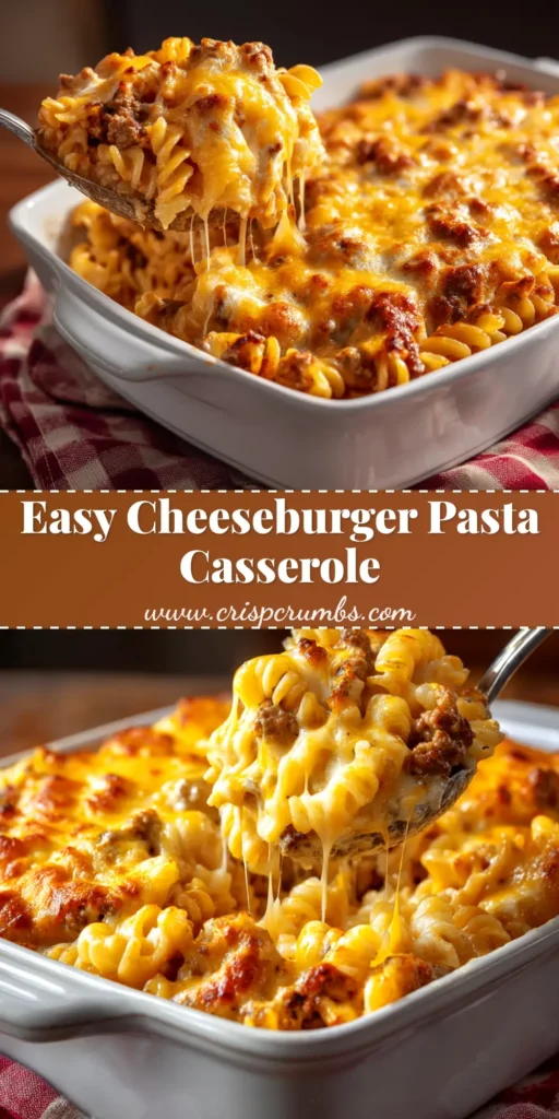 A scoop of cheesy Cheeseburger Pasta Casserole in a white bowl, showing the ground beef and elbow macaroni in a creamy sauce. This easy family dinner is perfect for a weeknight meal.