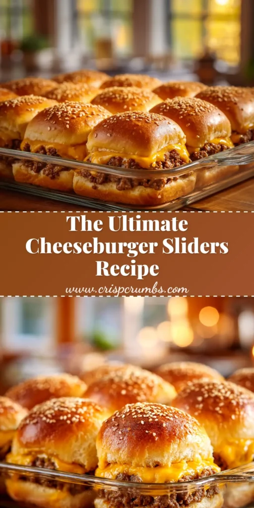 A pan of delicious baked cheeseburger sliders on Hawaiian rolls, topped with sesame seeds and ready to be served. The perfect party appetizer.