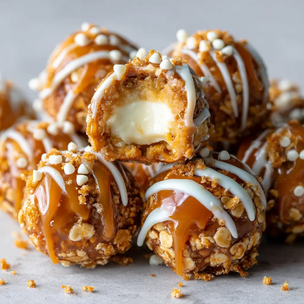 A cross-section view of a cheesecake ball, revealing the creamy white cheesecake filling and the gooey, golden caramel center inside.