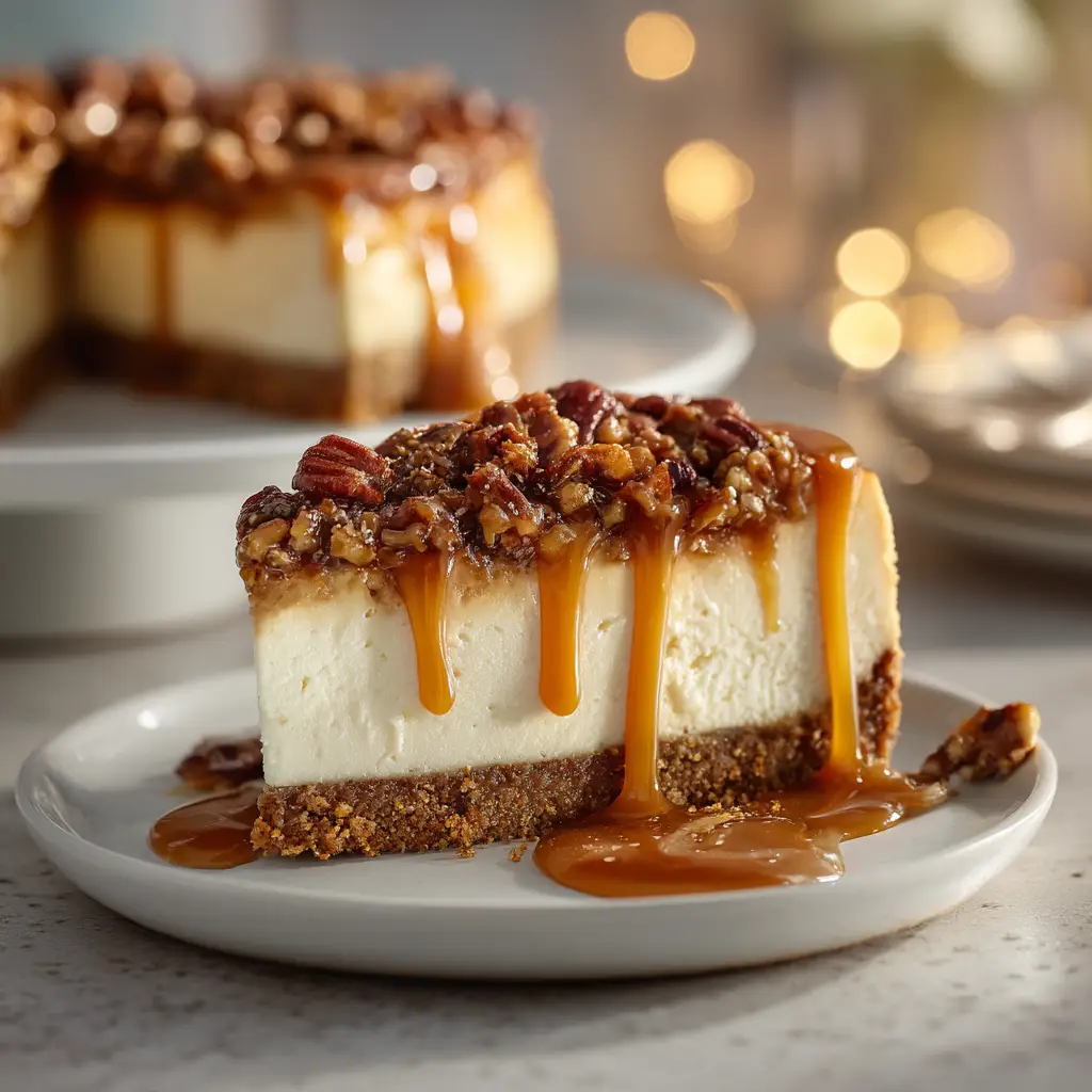 A creamy cheesecake with pecan topping being prepared, showing the rich texture of the filling before it is topped with the pecan mixture.