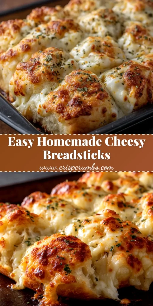 An overhead shot of a pan of freshly baked cheesy breadsticks, with one being pulled away to show a delicious cheese pull. The perfect Cheesy Breadsticks Recipe.