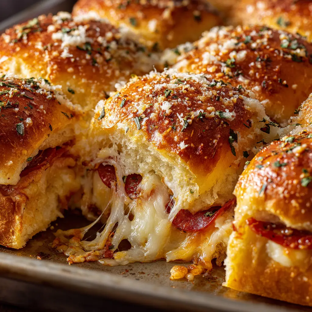 An extreme close-up of a single pizza slider being pulled from the tray, revealing a satisfying mozzarella cheese pull.