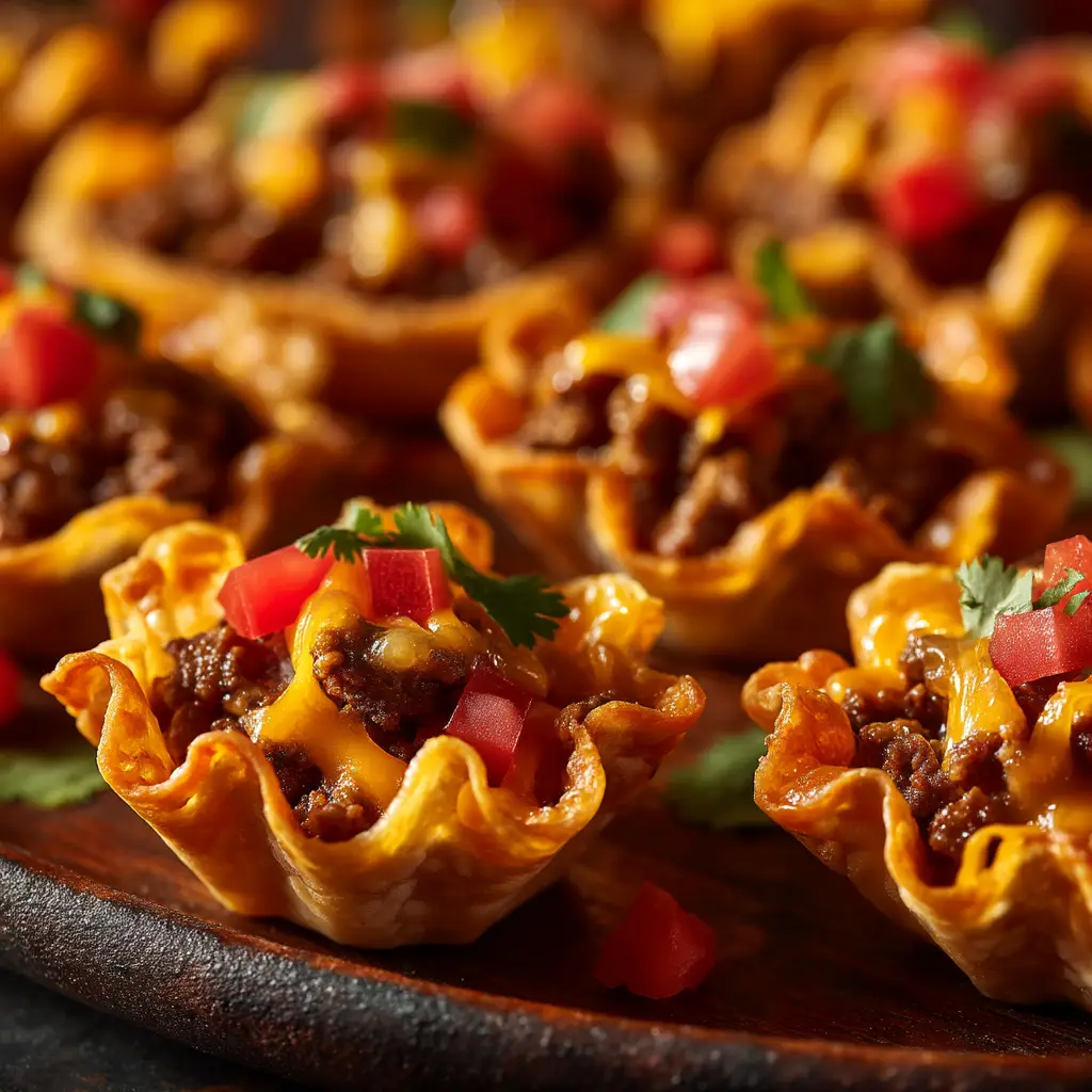 An overhead macro shot of cheesy taco cups, showing the savory ground beef filling and melted cheddar cheese topping.
