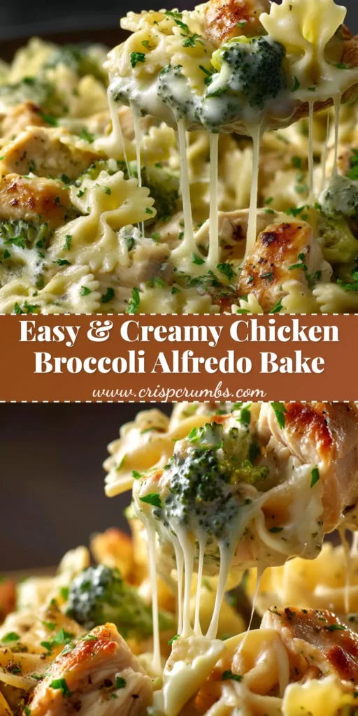 A delicious and creamy Chicken and Broccoli Alfredo Bake in a white baking dish, ready to be shared. The perfect weeknight dinner recipe.