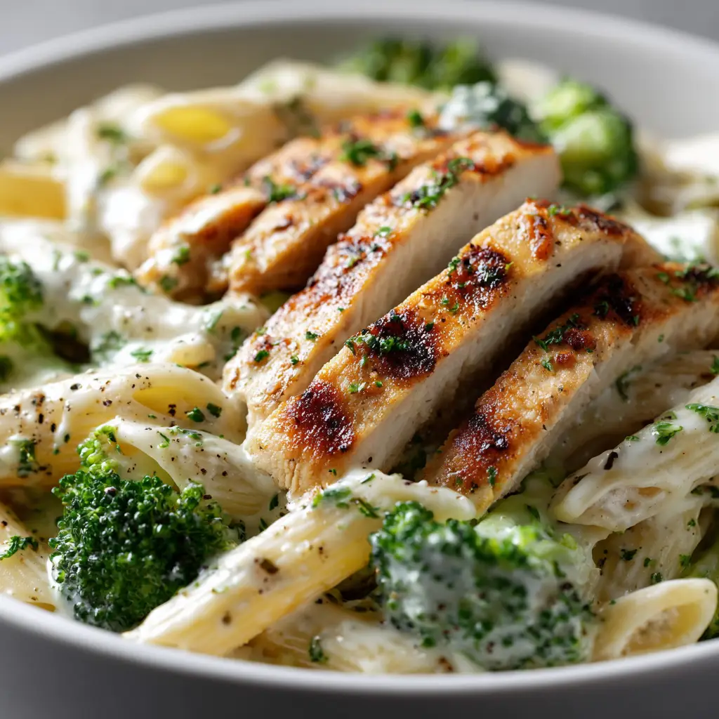 A fork lifting a bite of creamy chicken and broccoli pasta from a bowl, showing the tender chicken and perfectly cooked broccoli.