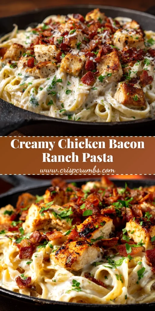 A large white bowl filled with creamy chicken bacon ranch pasta, garnished with fresh parsley and crumbled bacon. A fork is resting in the bowl.