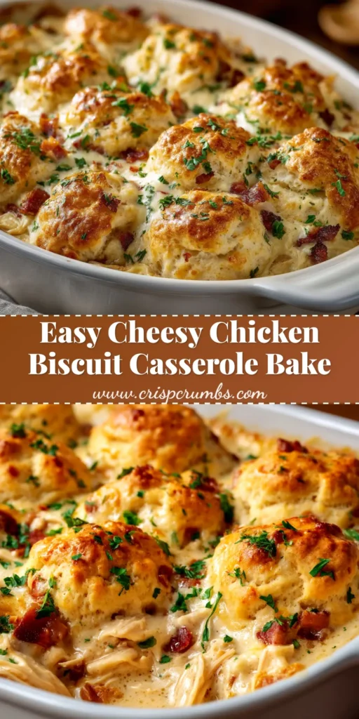 An overhead shot of a freshly baked chicken biscuit casserole in a baking dish, showcasing the golden-brown biscuit topping and creamy filling.