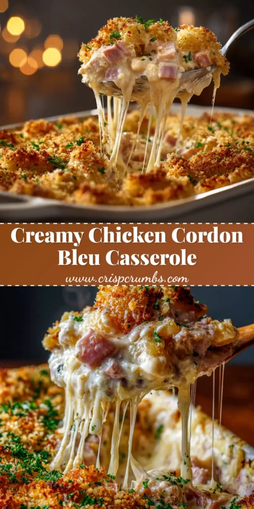An overhead shot of a bubbly, golden-brown Chicken Cordon Bleu Casserole in a white baking dish, ready to be served.